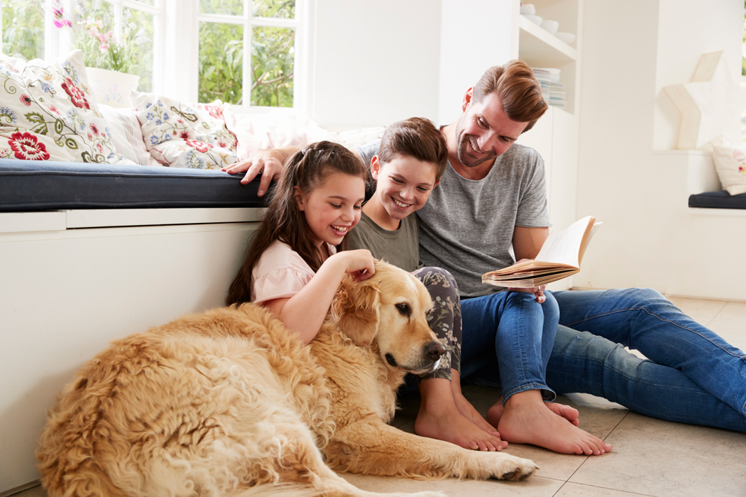 Father reading to son and daughter, who pets family dog while listening.