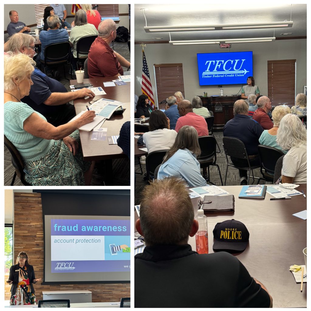 Collage of fraud awareness workshop photos.