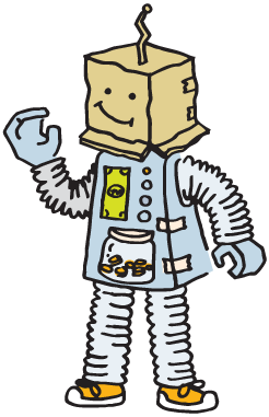 Tinker Federal Credit Union's lovable cartoon robot Save a Tron is waving and smiling with his cardboard box for a head.