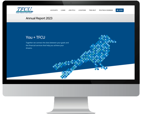 An iMac screen displays the web page for the TFCU Annual Report information of 2023.