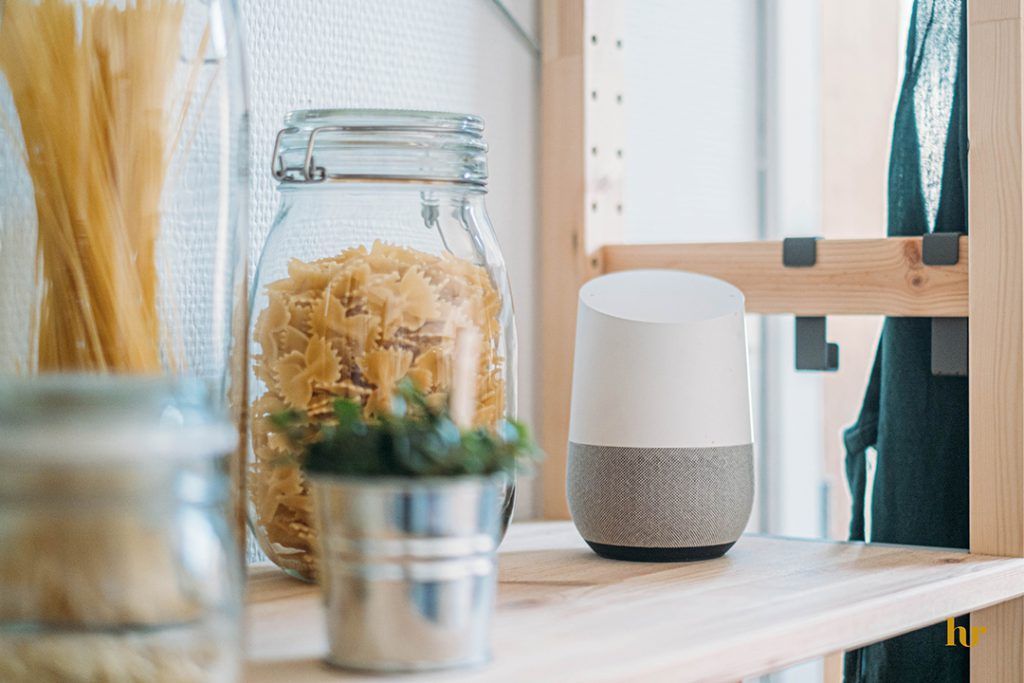 A smart voice device on a kitchen counter